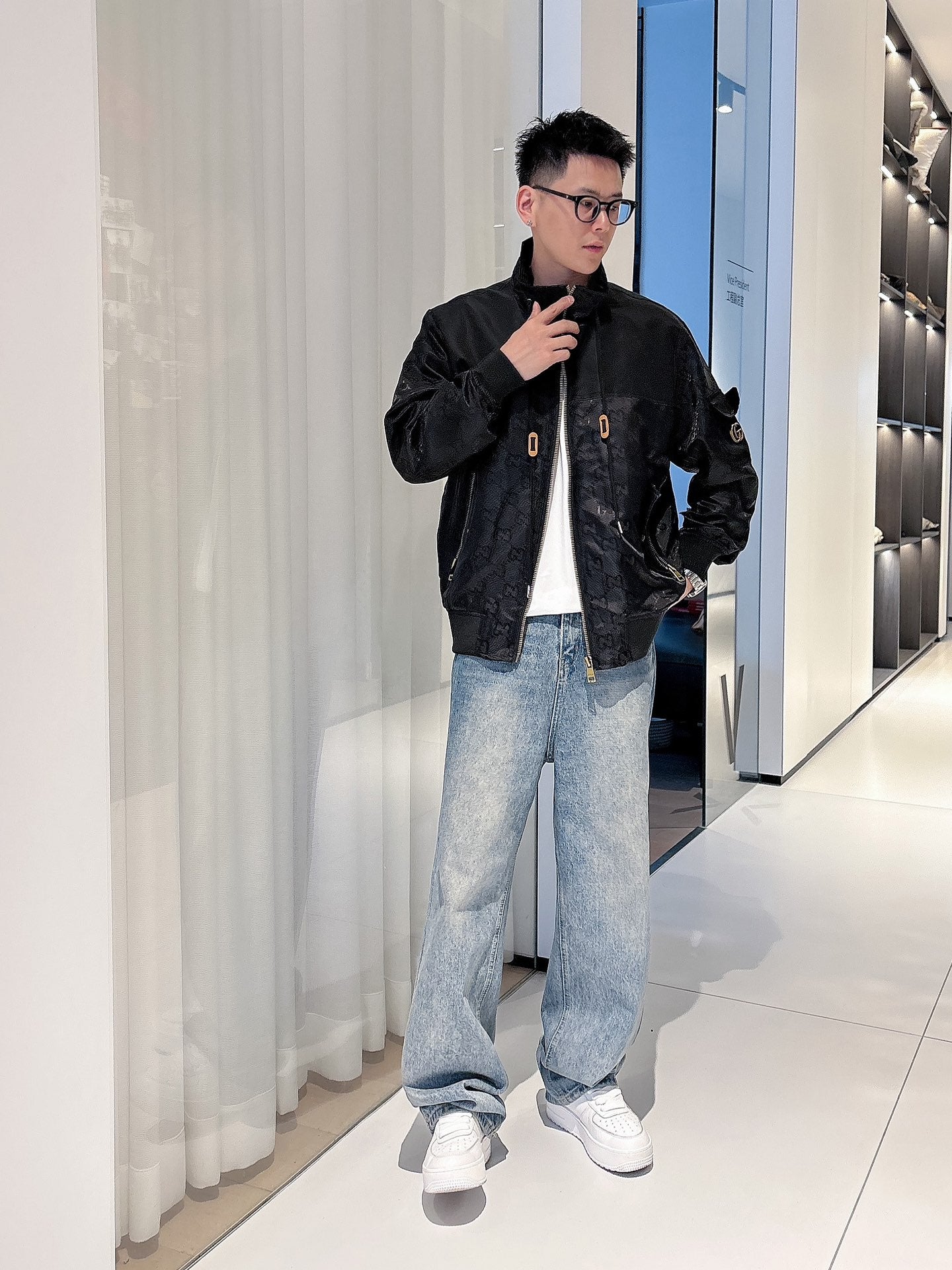 Gucci Men’s Bomber Jacket Black Monogram Pattern Nylon Fabric