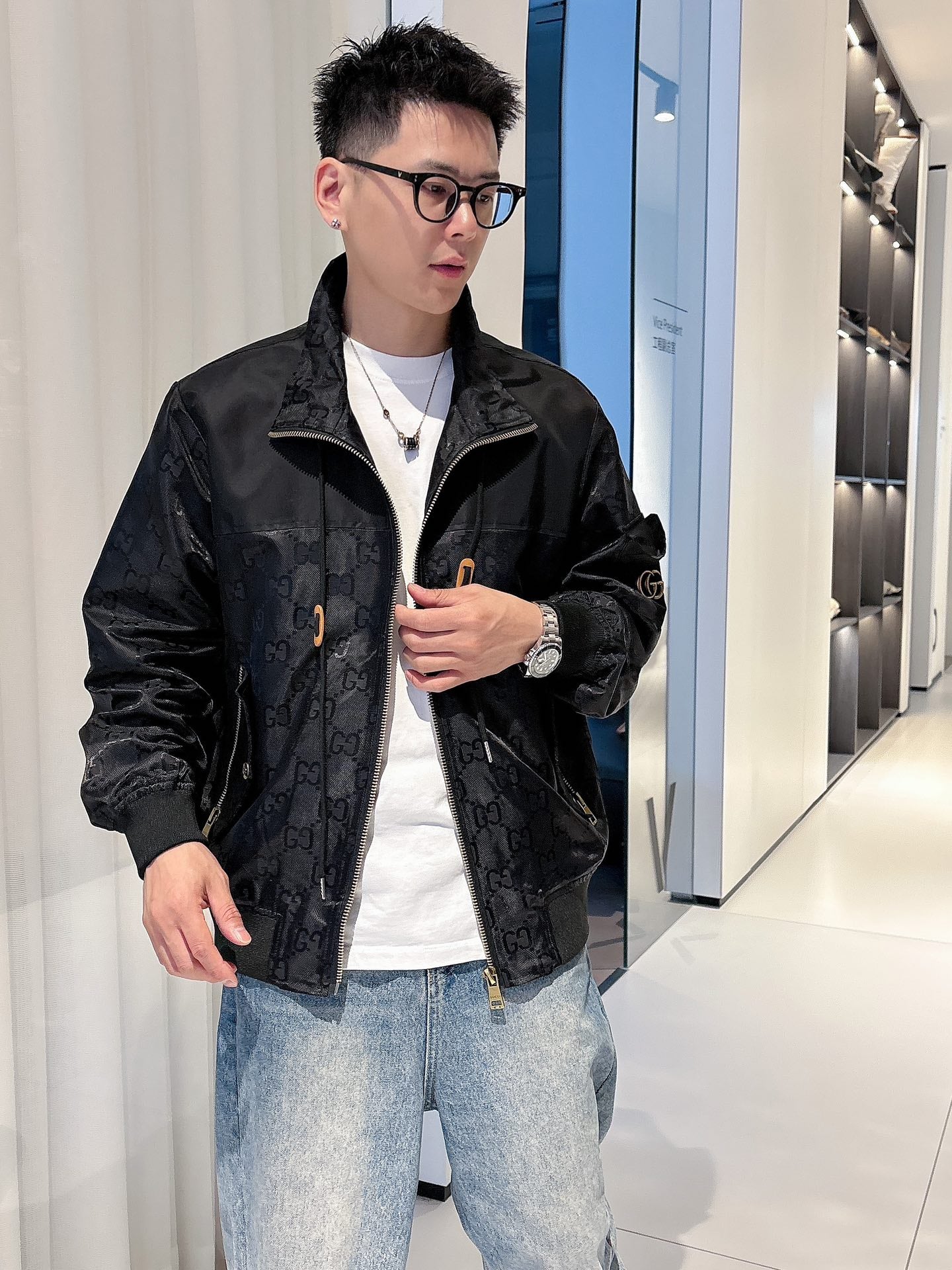 Gucci Men’s Bomber Jacket Black Monogram Pattern Nylon Fabric