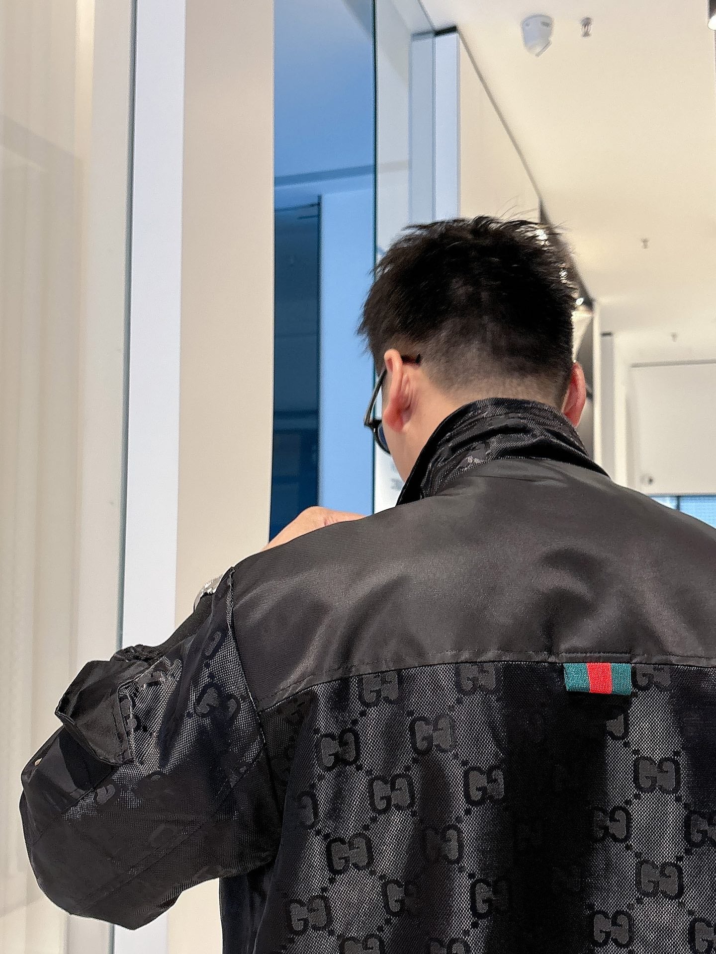 Gucci Men’s Bomber Jacket Black Monogram Pattern Nylon Fabric