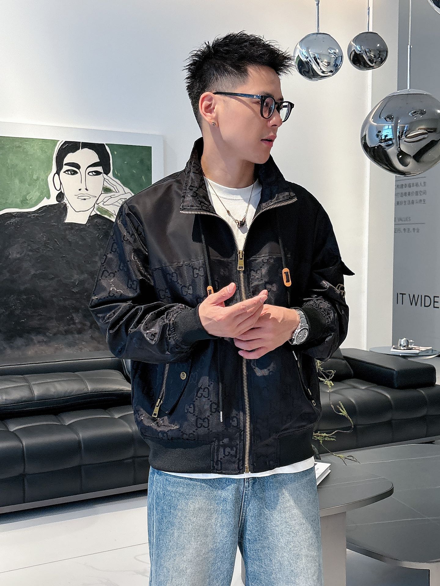 Gucci Men’s Bomber Jacket Black Monogram Pattern Nylon Fabric