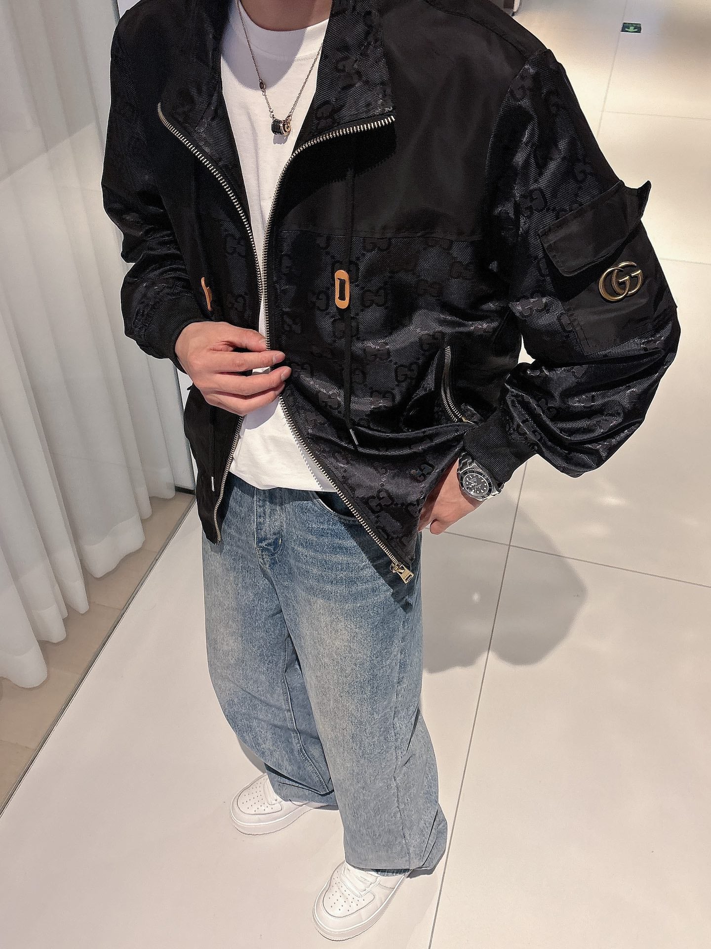 Gucci Men’s Bomber Jacket Black Monogram Pattern Nylon Fabric