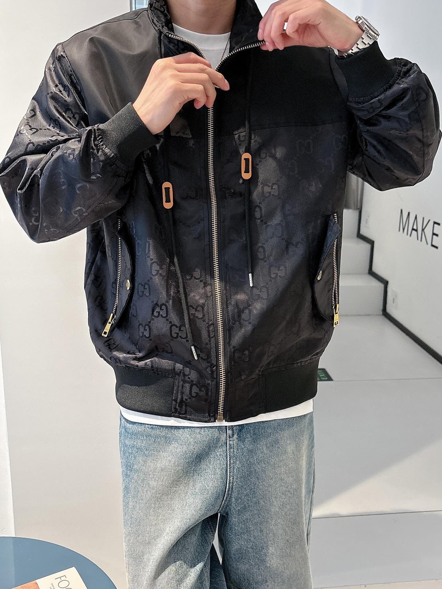 Gucci Men’s Bomber Jacket Black Monogram Pattern Nylon Fabric