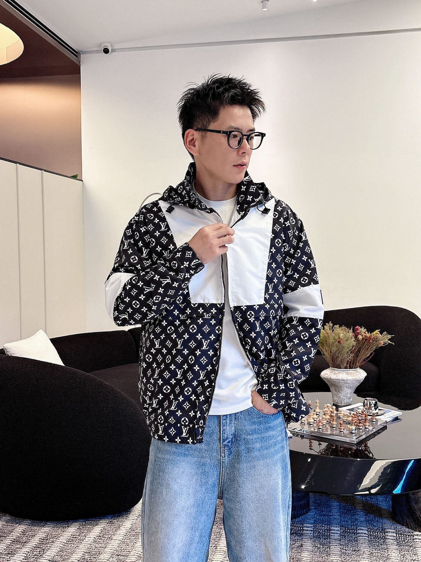 LV Men’s Long-Sleeve Jacket Monogram Printed Technical Cotton