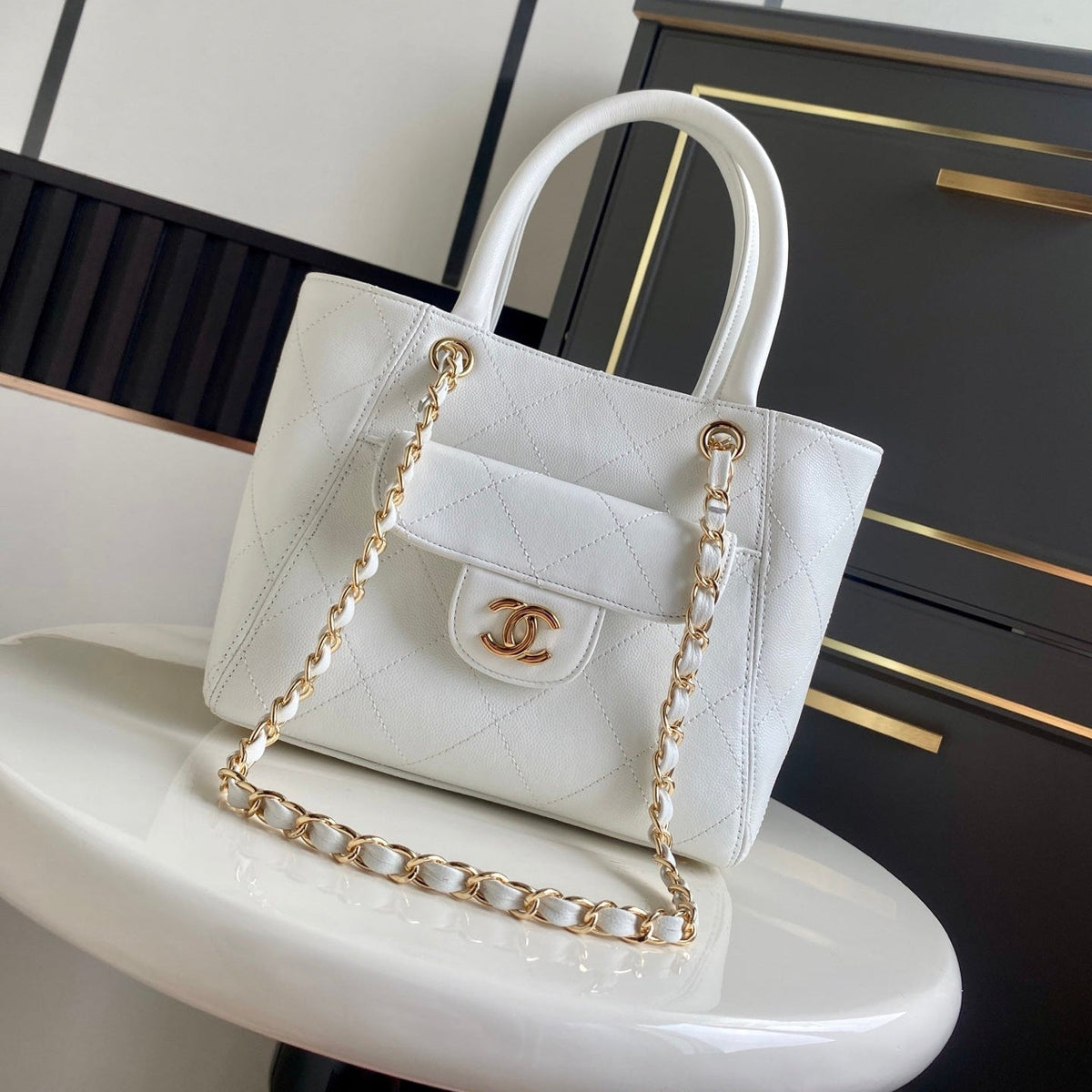 Chanel 26s Quilted Small Shopping Tote 25 In White Caviar Calfskin Gold Hardware