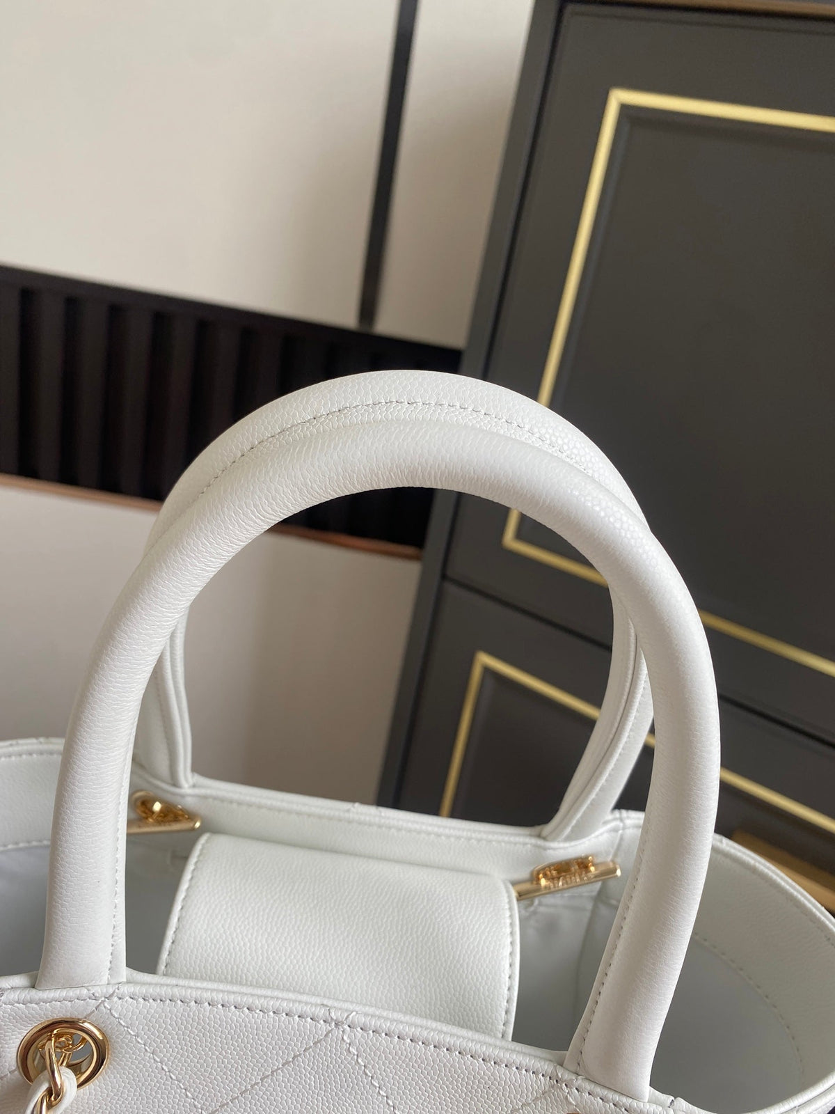 Chanel 26s Quilted Small Shopping Tote 25 In White Caviar Calfskin Gold Hardware