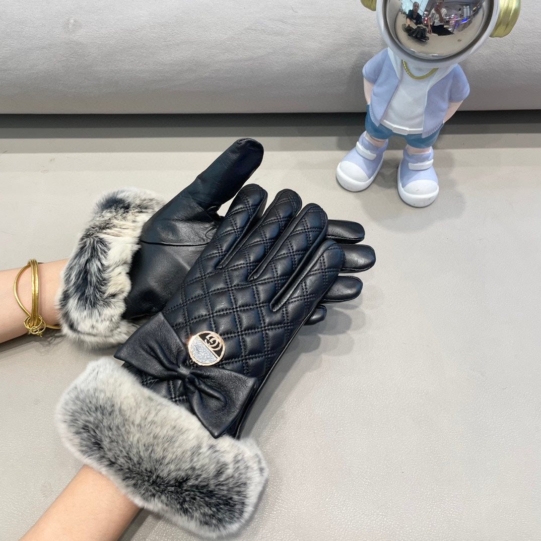 TOUCHSCREEN GLOVES WITH BOW IN BLACK RABBIT FUR MIX LAMBSKIN 463796