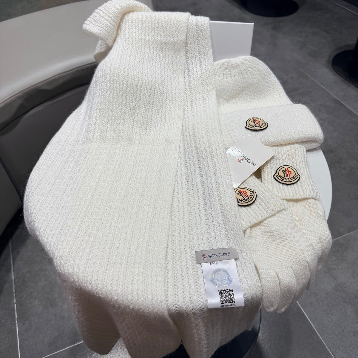 Moncler Accessories Scarf Beanie and Gloves Set White Knit 540854
