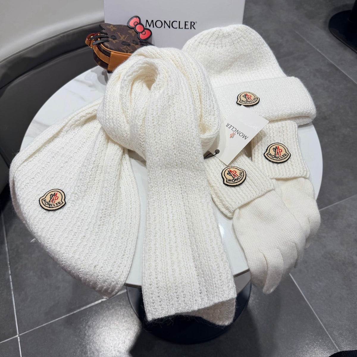 Moncler Accessories Scarf Beanie and Gloves Set White Knit 540854