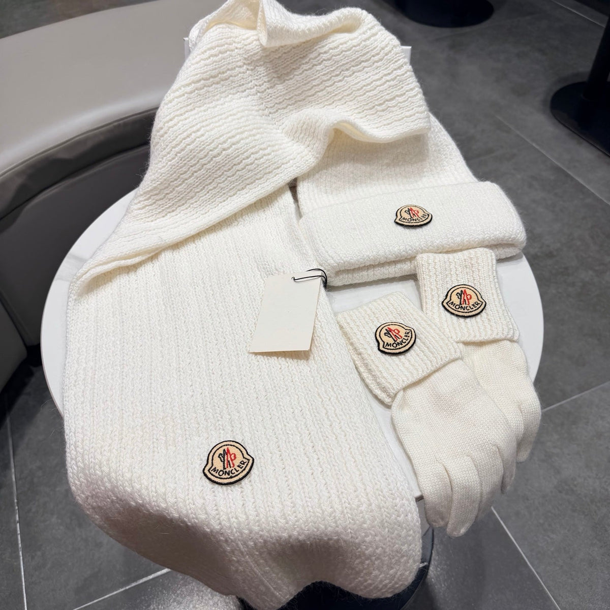 Moncler Accessories Scarf Beanie and Gloves Set White Knit 540854