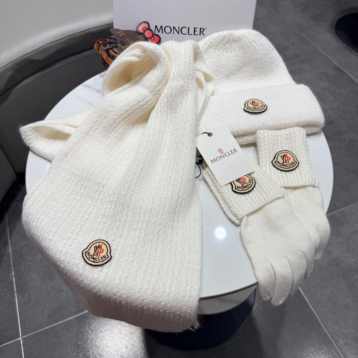Moncler Accessories Scarf Beanie and Gloves Set White Knit 540854