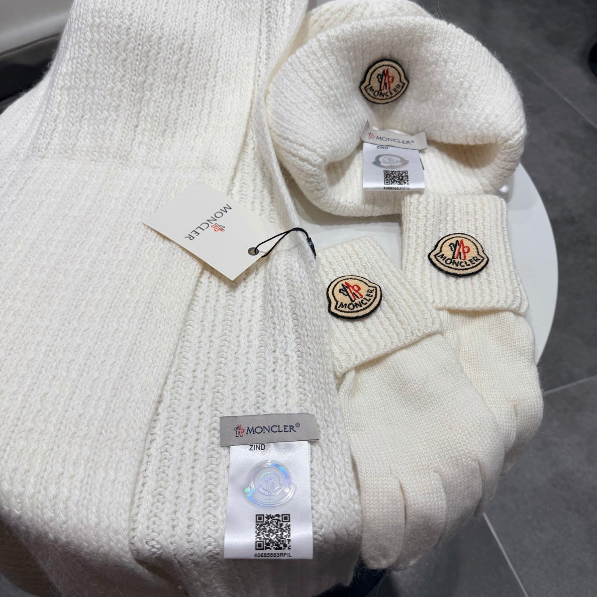 Moncler Accessories Scarf Beanie and Gloves Set White Knit 540854