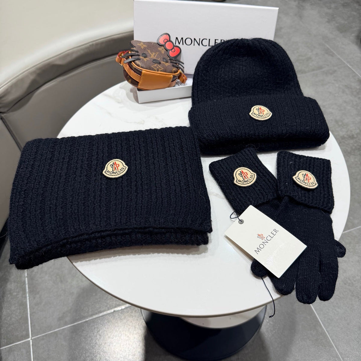 Moncler Accessories Scarf Beanie and Gloves Set Black Knit 540855