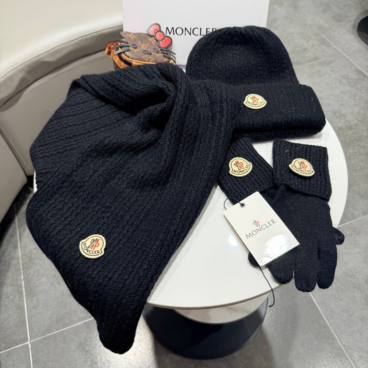 Moncler Accessories Scarf Beanie and Gloves Set Black Knit 540855