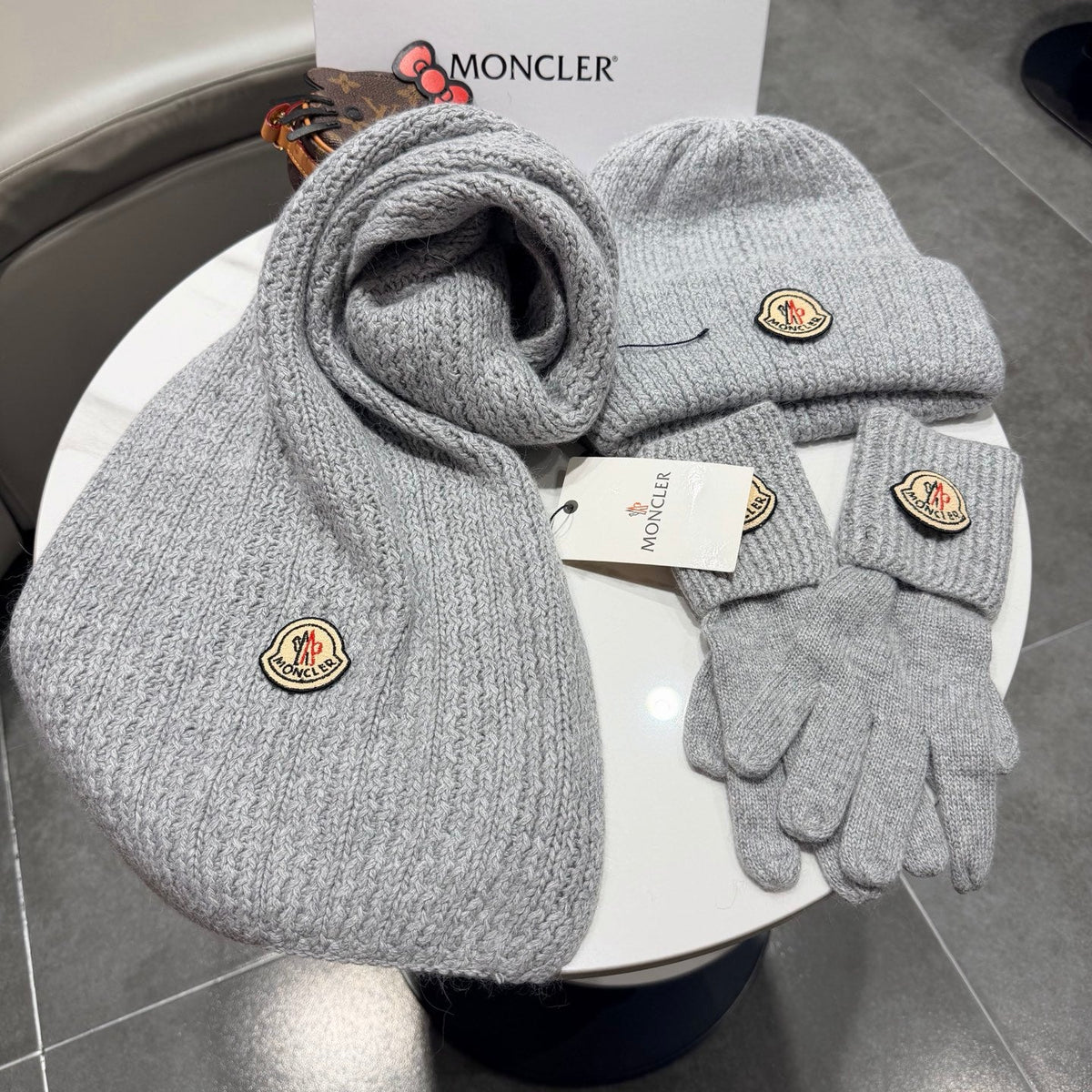 Moncler Accessories Scarf Beanie and Gloves Set Grey Knit 540856