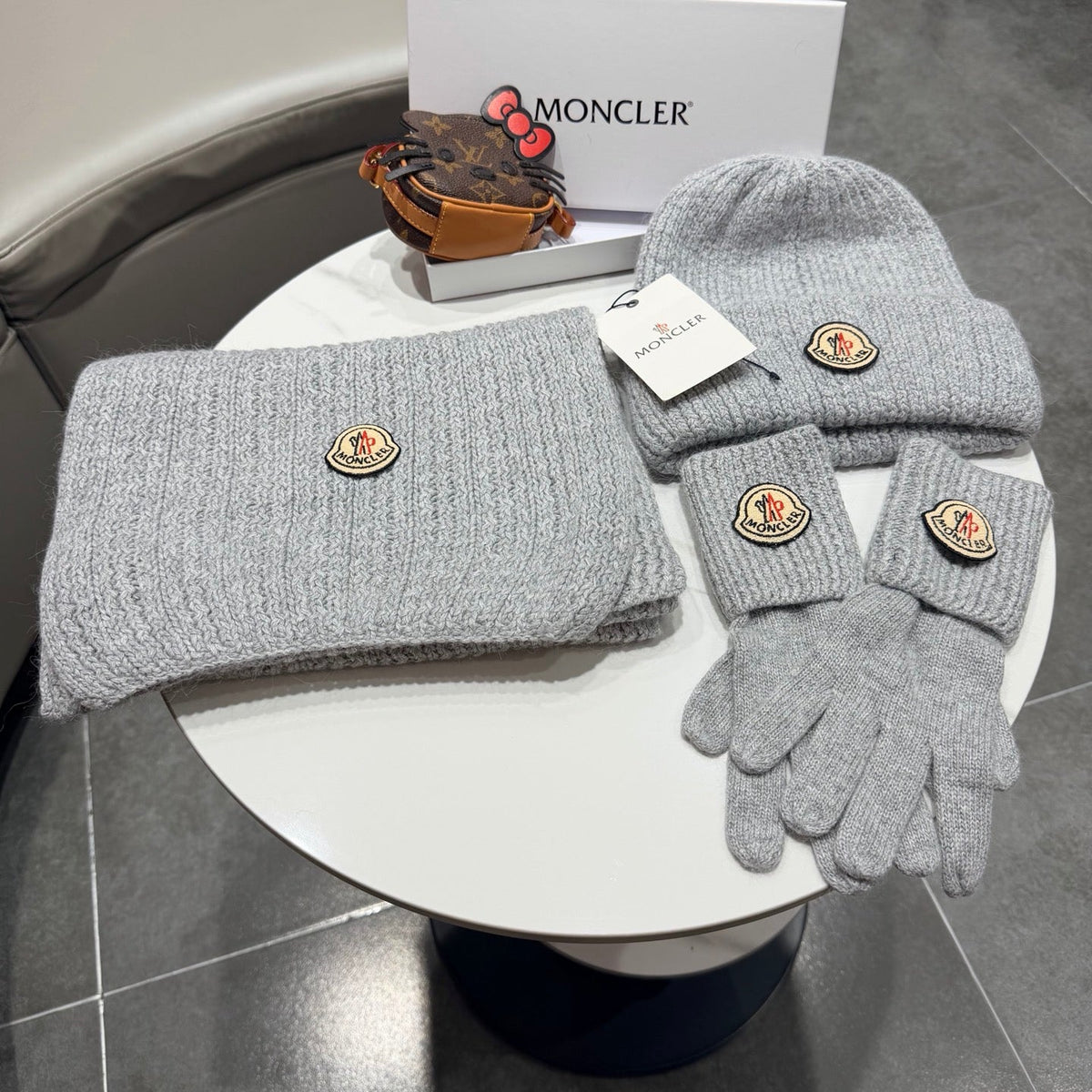 Moncler Accessories Scarf Beanie and Gloves Set Grey Knit 540856