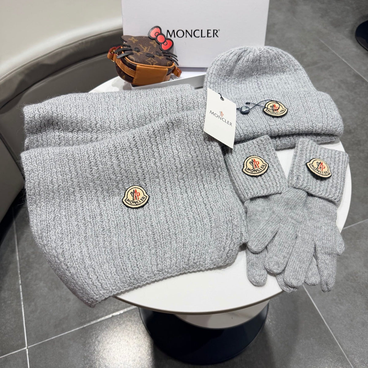 Moncler Accessories Scarf Beanie and Gloves Set Grey Knit 540856