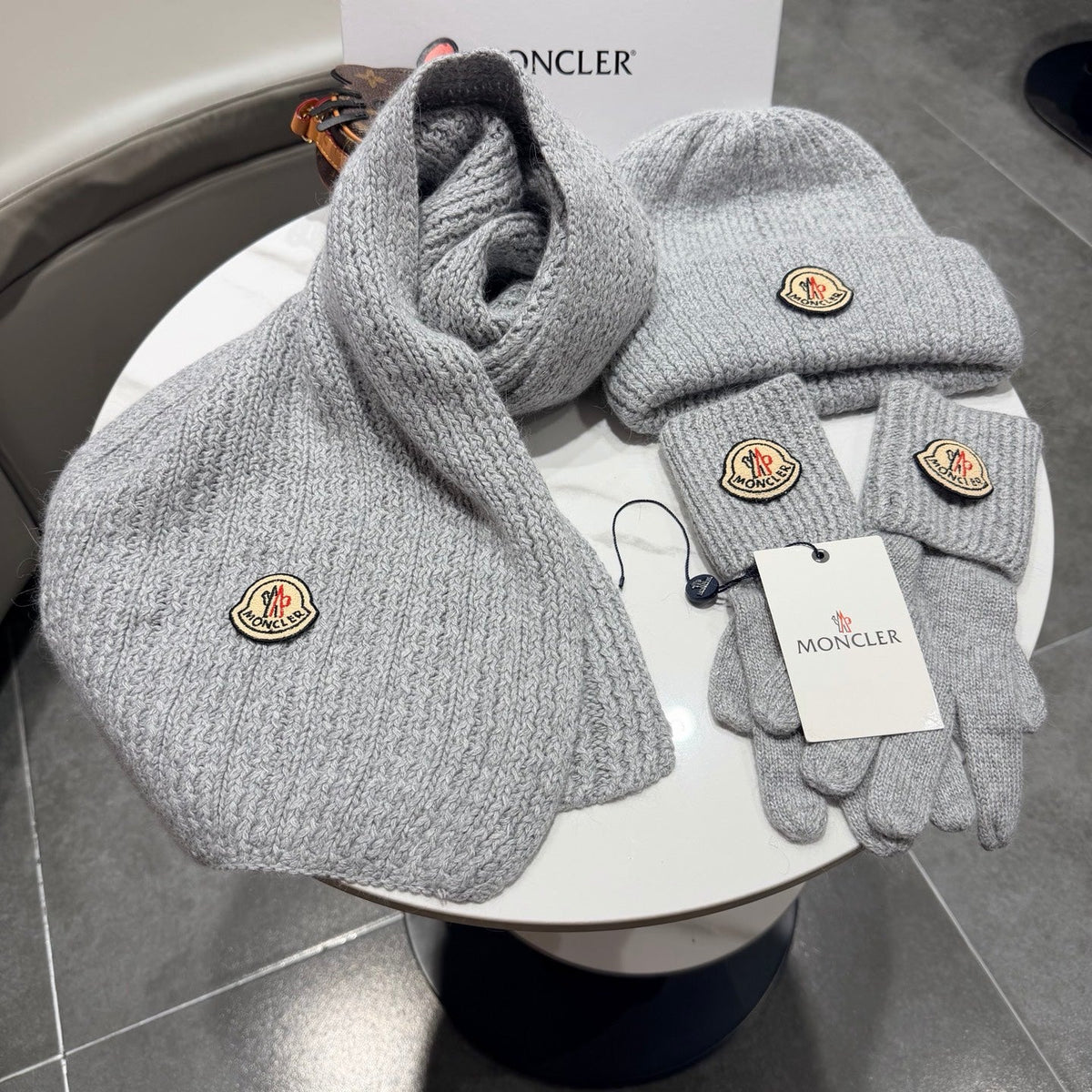 Moncler Accessories Scarf Beanie and Gloves Set Grey Knit 540856