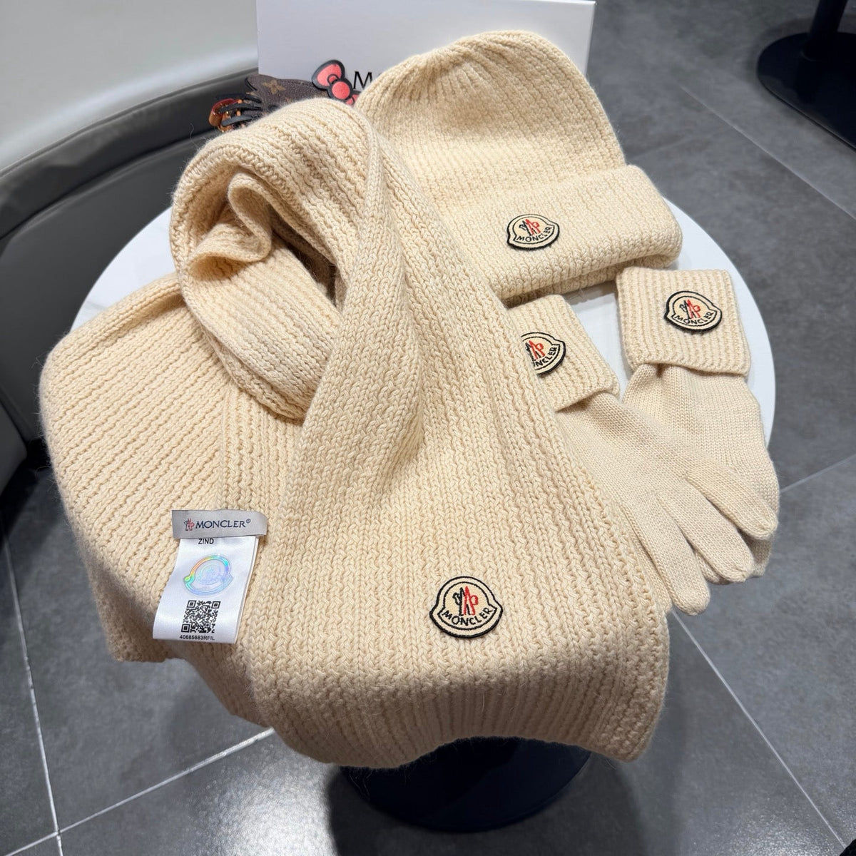 Moncler Accessories Scarf Beanie and Gloves Set Beige Knit 540857