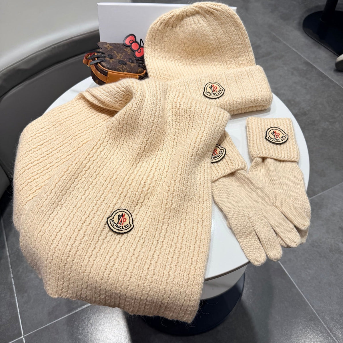 Moncler Accessories Scarf Beanie and Gloves Set Beige Knit 540857