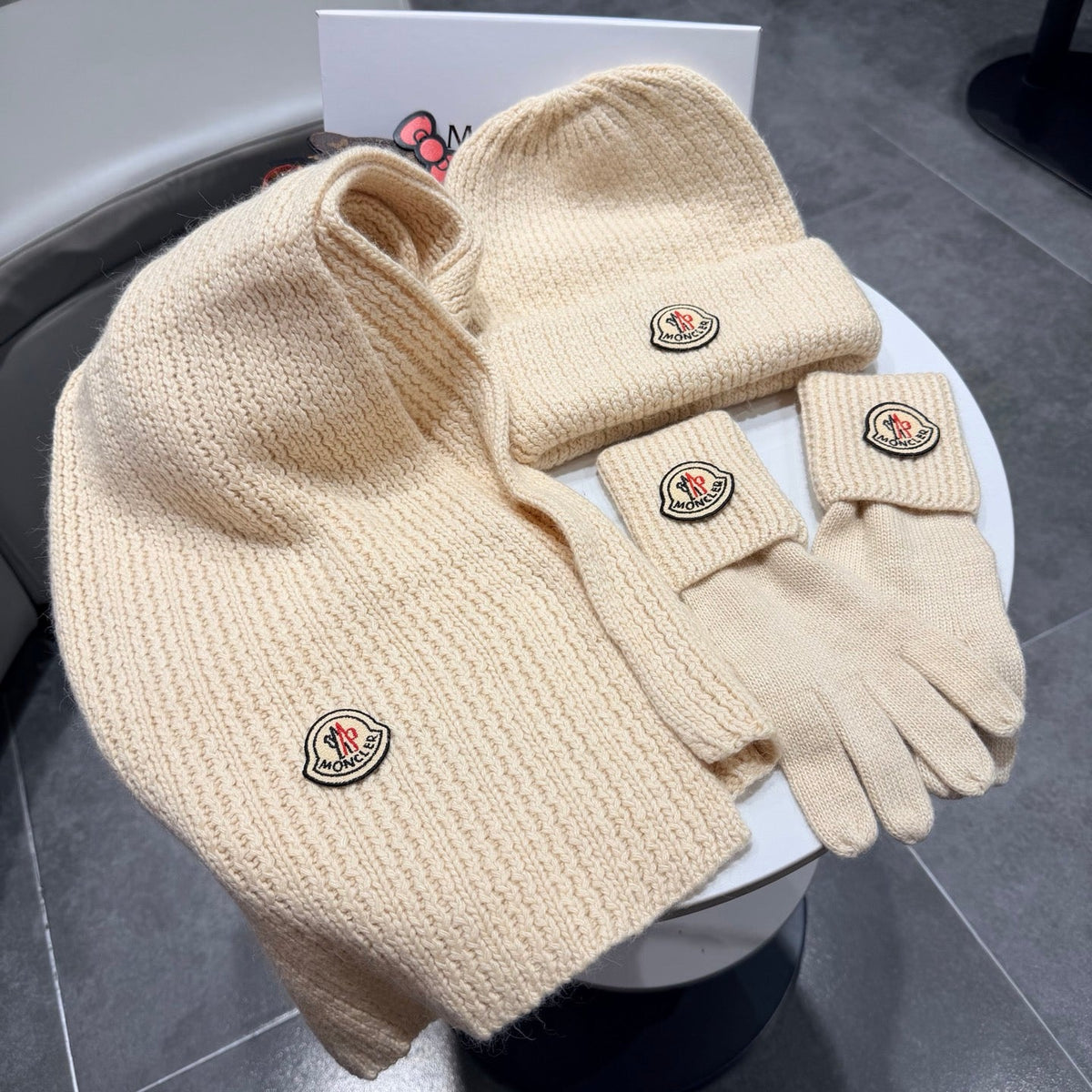 Moncler Accessories Scarf Beanie and Gloves Set Beige Knit 540857