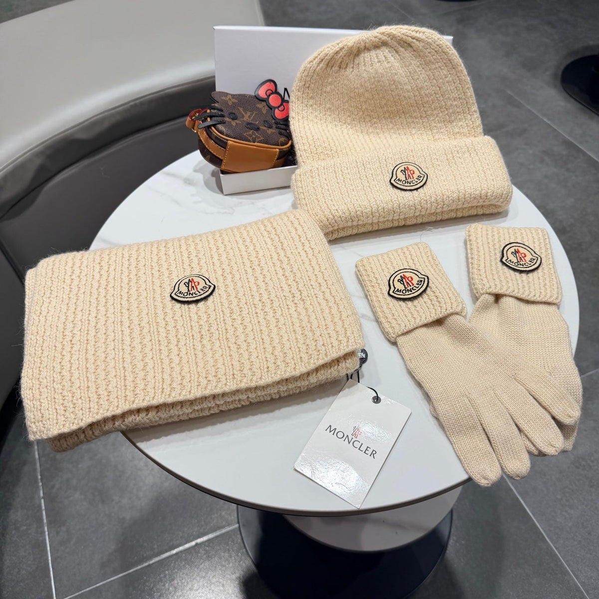 Moncler Accessories Scarf Beanie and Gloves Set Beige Knit 540857