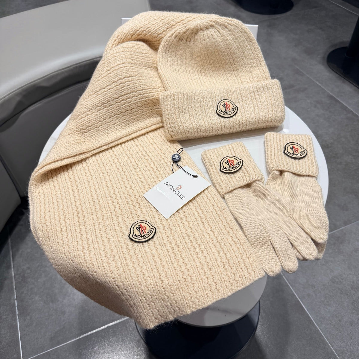 Moncler Accessories Scarf Beanie and Gloves Set Beige Knit 540857