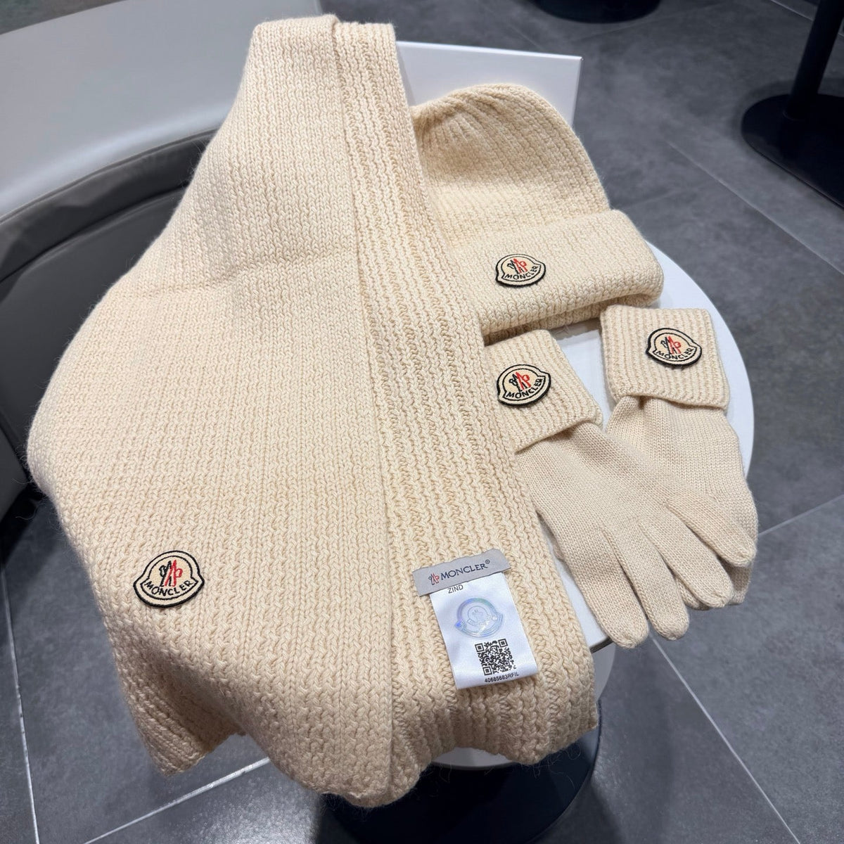 Moncler Accessories Scarf Beanie and Gloves Set Beige Knit 540857