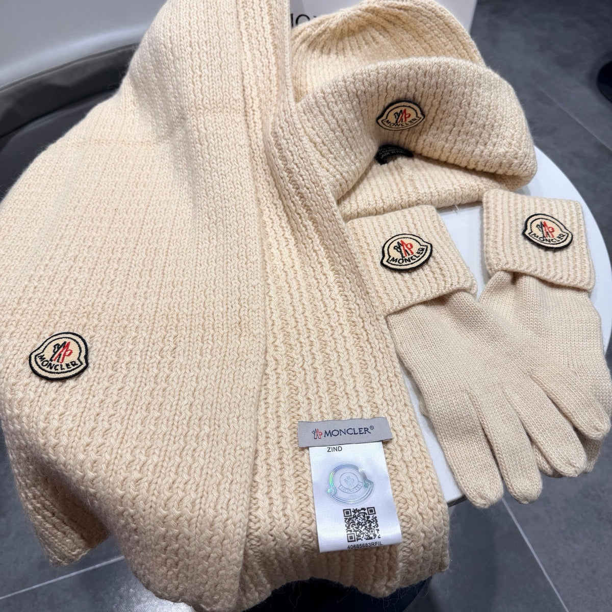 Moncler Accessories Scarf Beanie and Gloves Set Beige Knit 540857