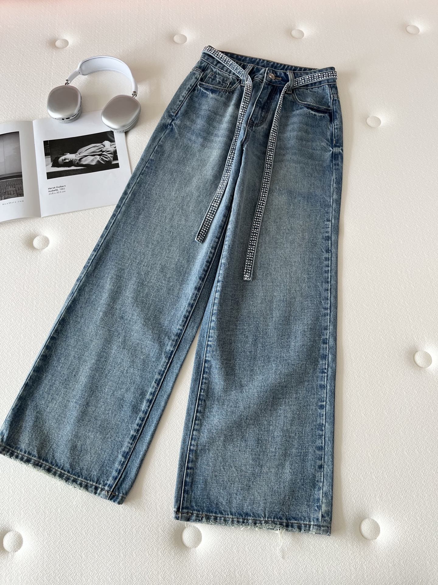 CC Rhinestone Belt Wide-Leg Jeans Blue Denim 351177