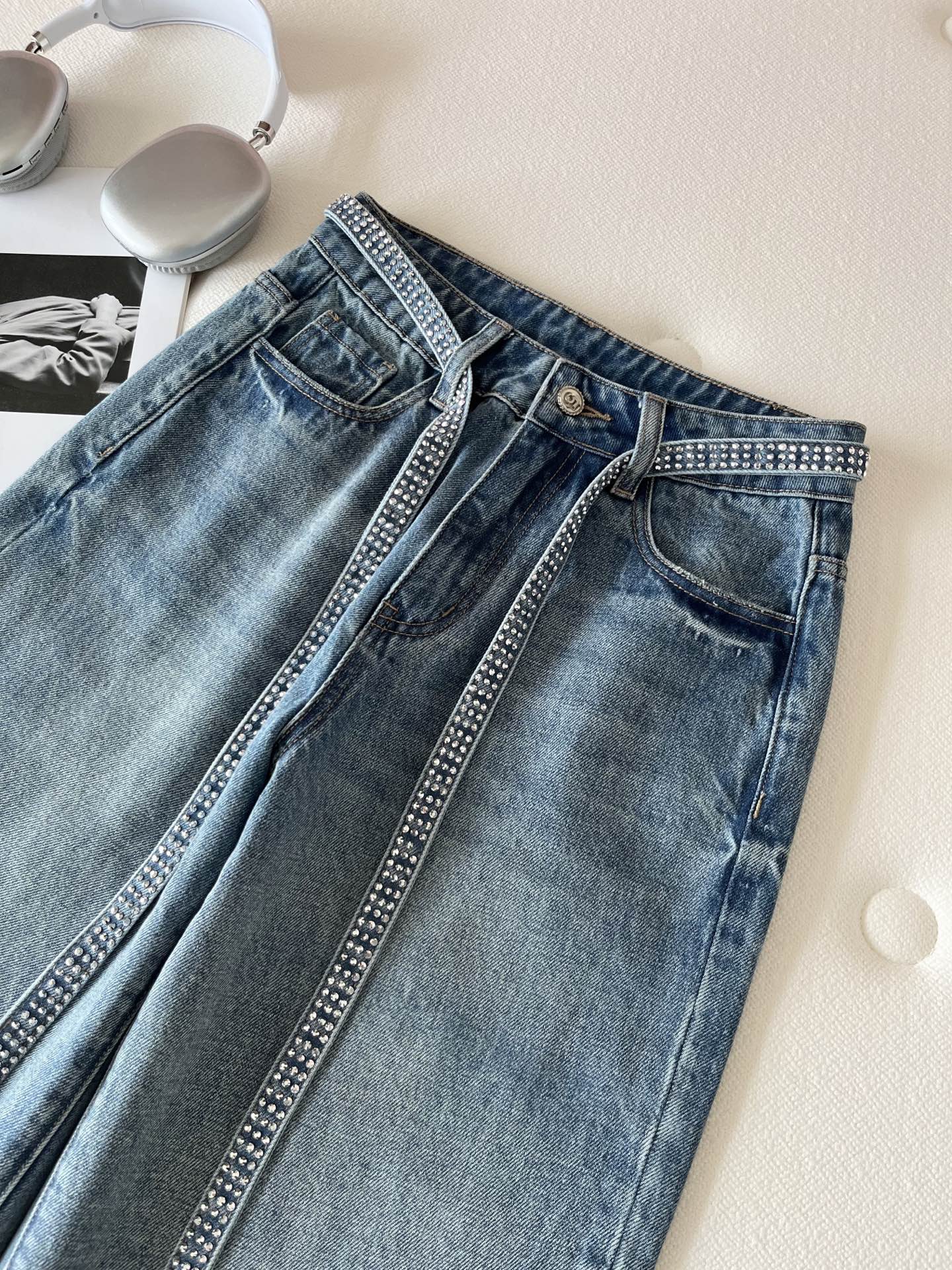 CC Rhinestone Belt Wide-Leg Jeans Blue Denim 351177
