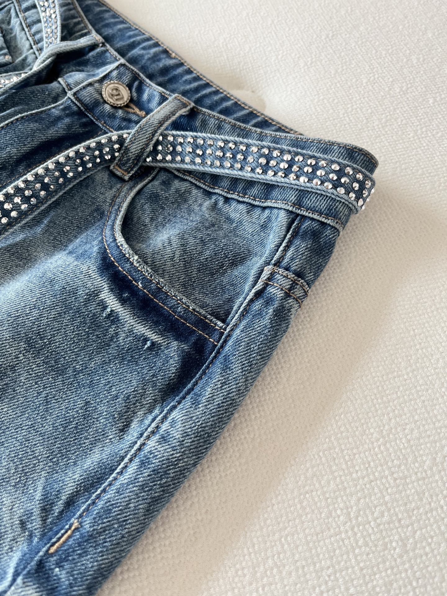 CC Rhinestone Belt Wide-Leg Jeans Blue Denim 351177