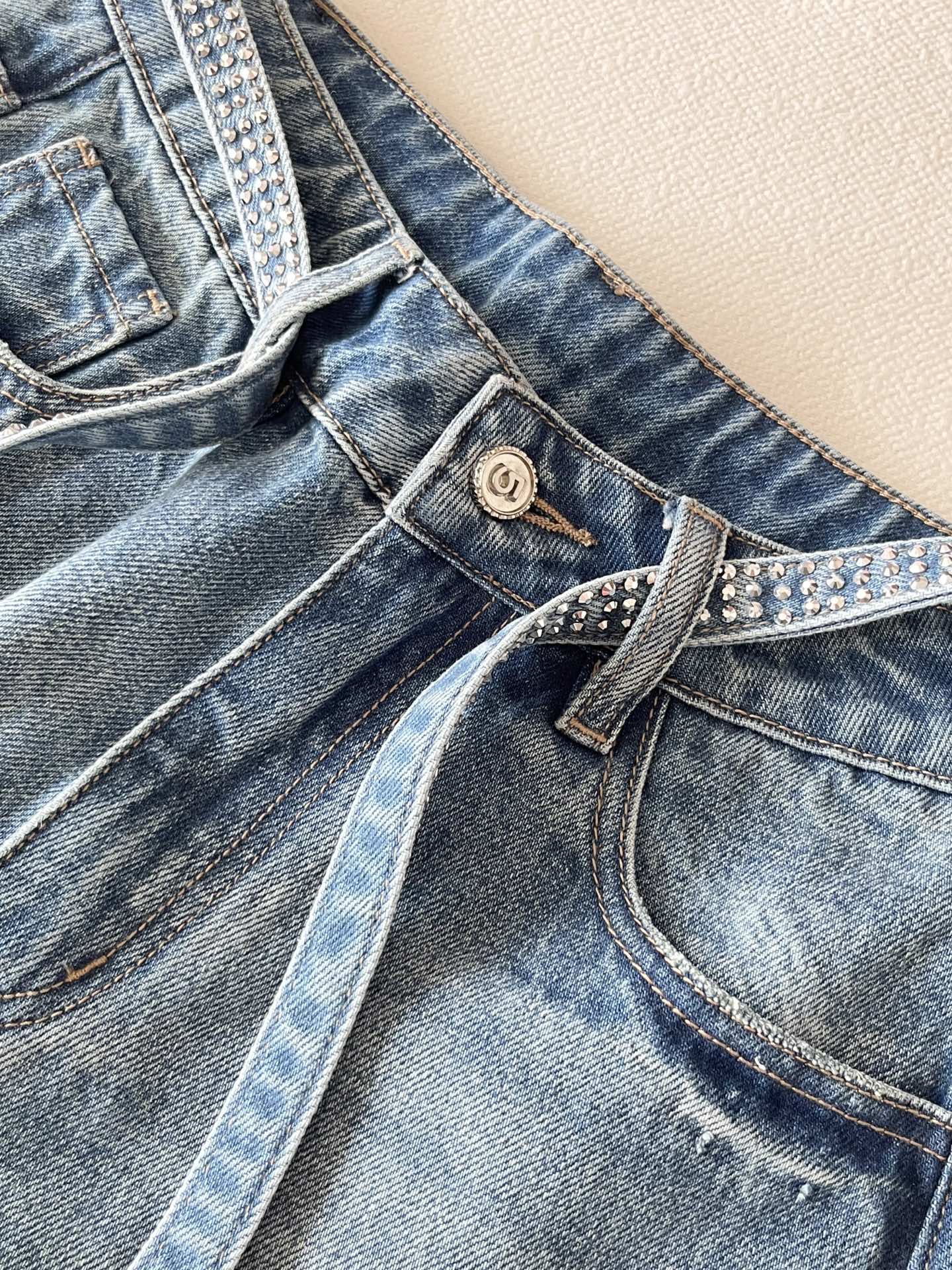 CC Rhinestone Belt Wide-Leg Jeans Blue Denim 351177