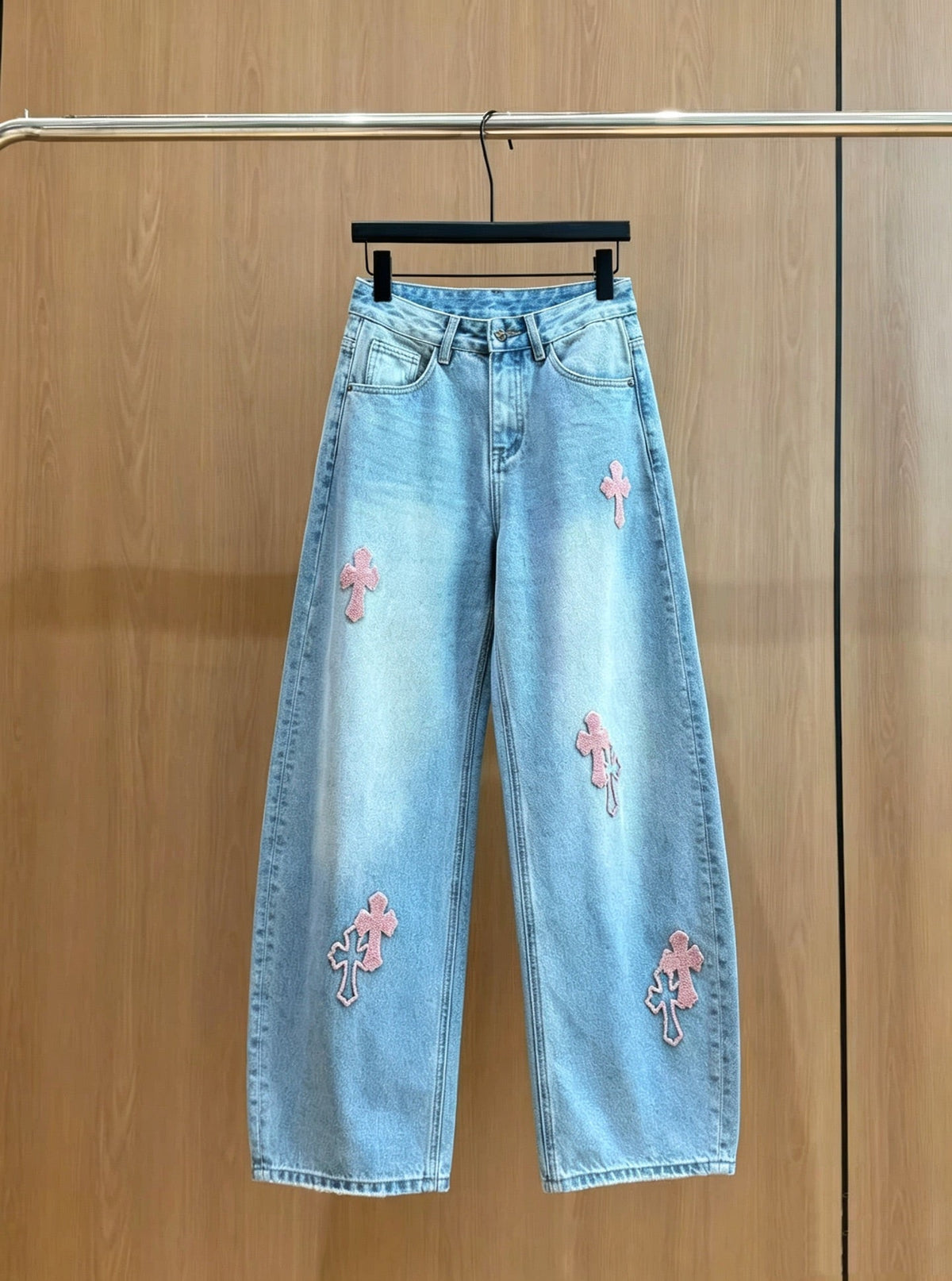 Chrome Hearts 26s Light Blue Pink Cross Patch Denim Wide-Leg Jeans 447670