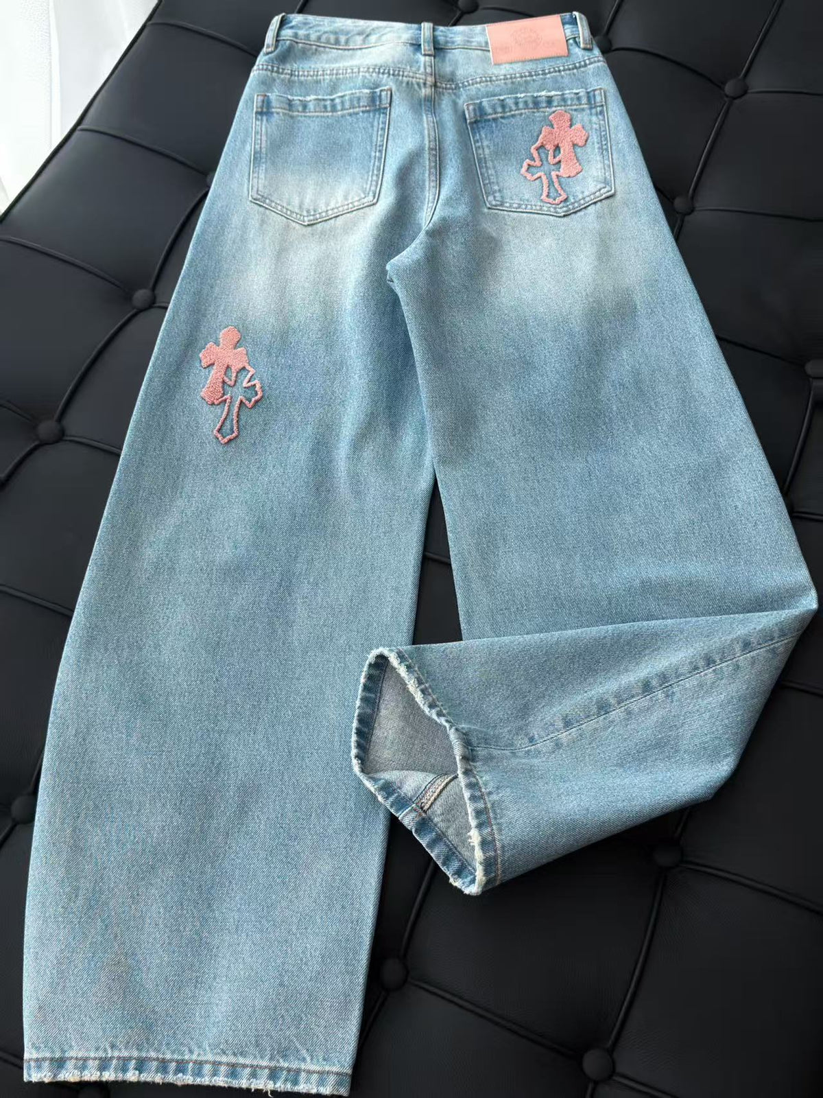 Chrome Hearts 26s Light Blue Pink Cross Patch Denim Wide-Leg Jeans 447670