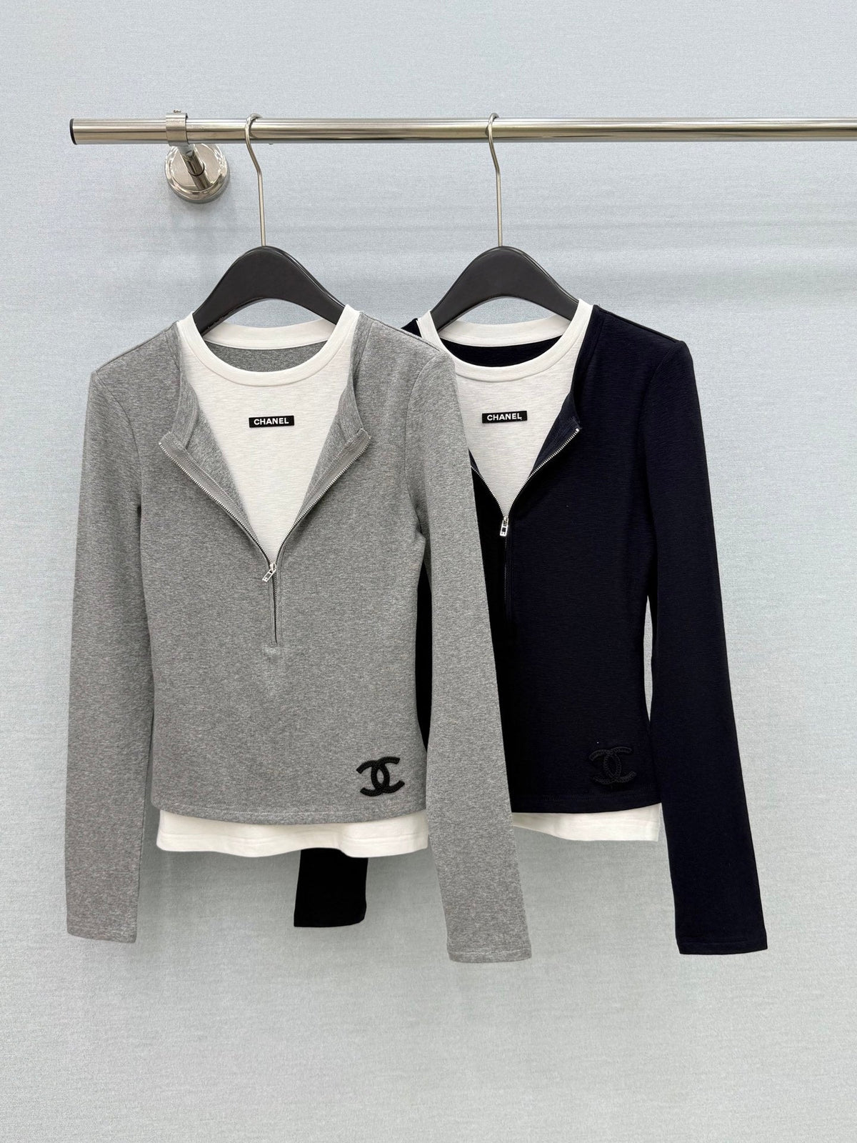 Chanel 26s Grey / Black Zip-Up Knit Mock-Two-Piece Top 447683