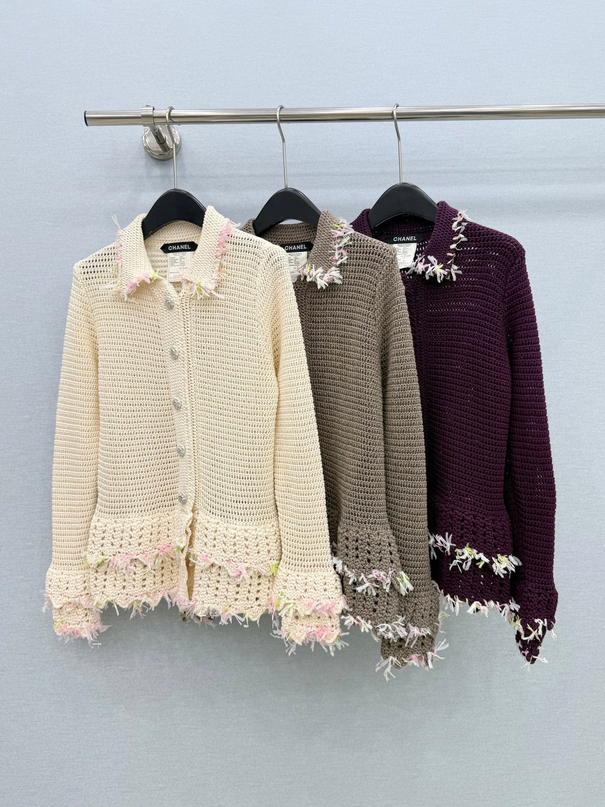 Chanel 26s Fringe Trim Crocheted Knit Cardigan Jacket 447653
