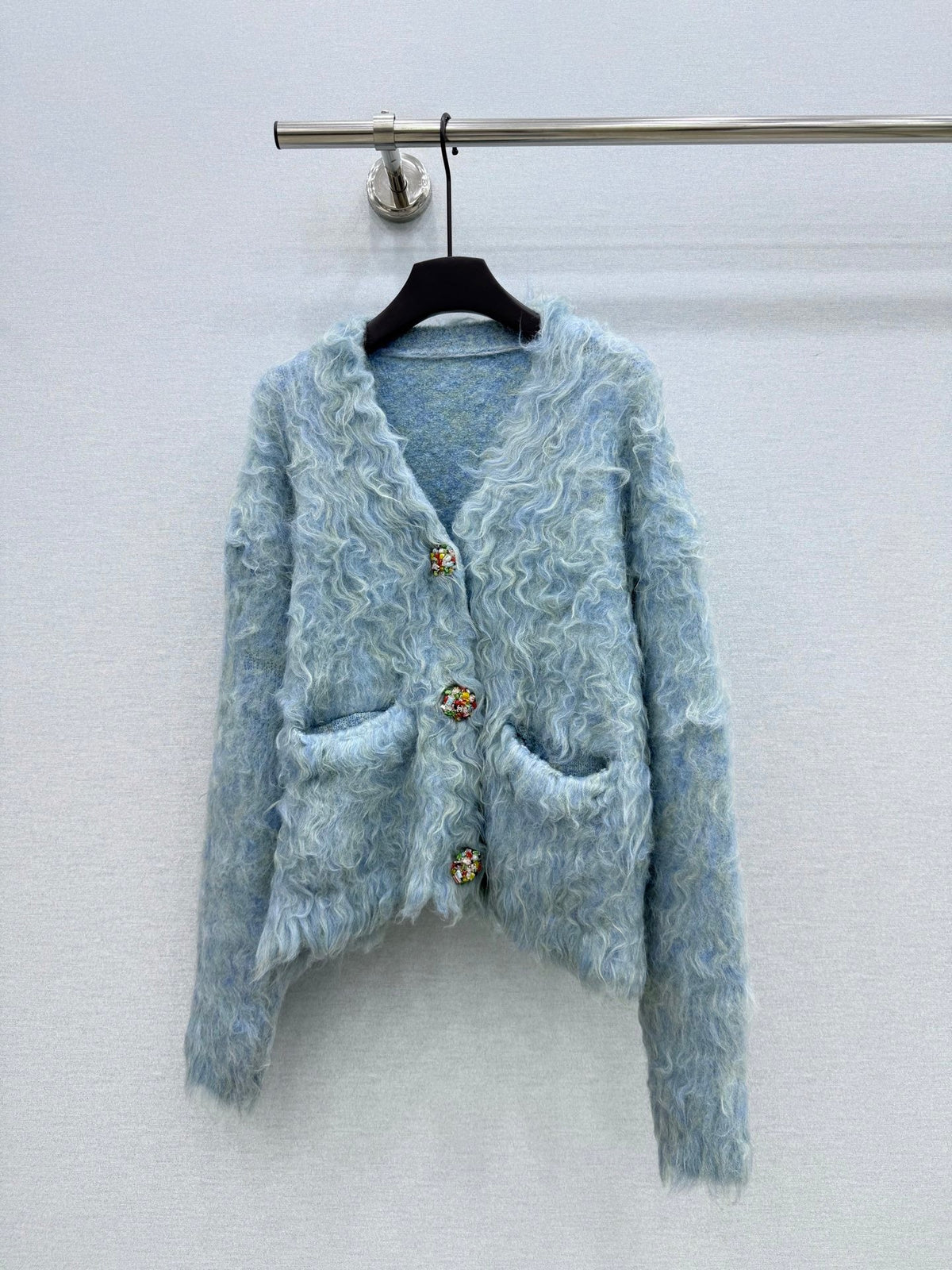 Chanel 26s Light Blue Faux Fur Jewel Button Cardigan Jacket 447647