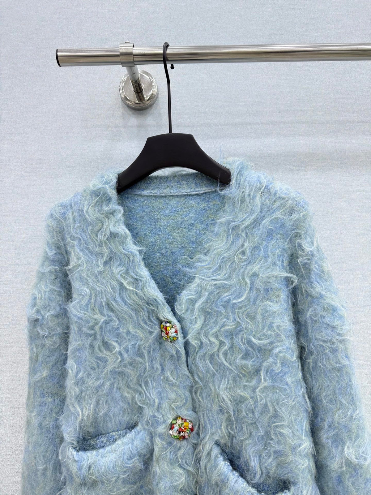 Chanel 26s Light Blue Faux Fur Jewel Button Cardigan Jacket 447647