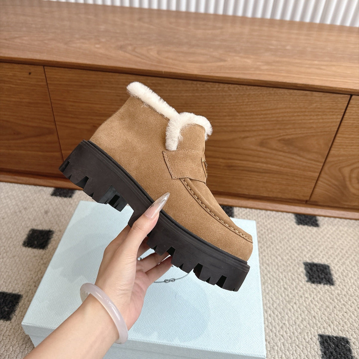 Prada Shearling Ankle Boots Camel Suede Fur 118341