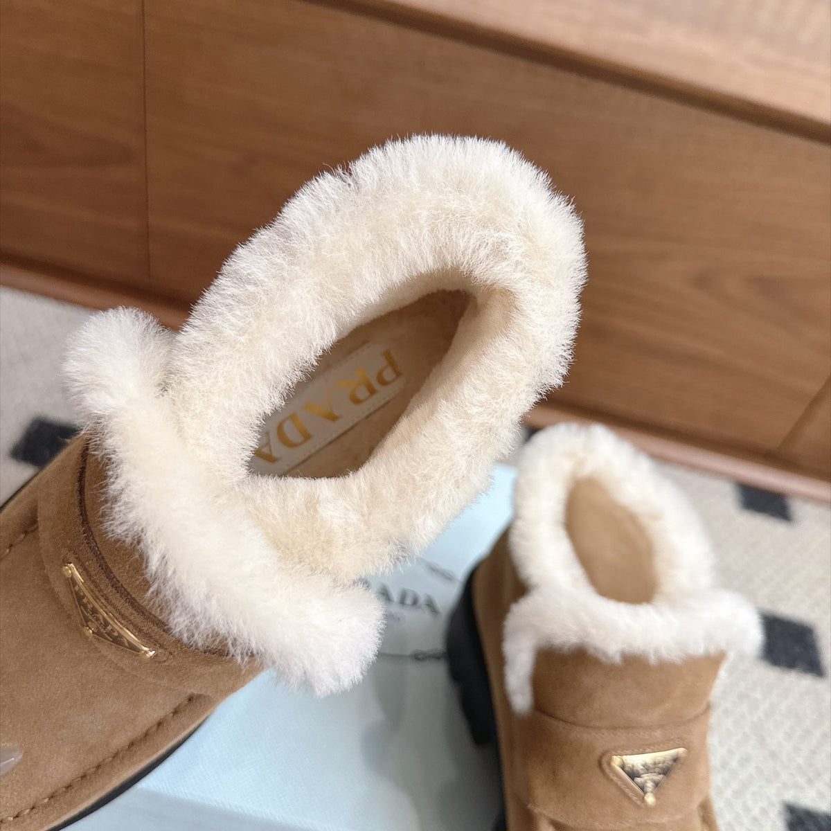 Prada Shearling Ankle Boots Camel Suede Fur 118341