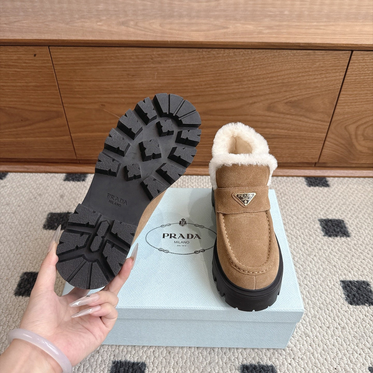 Prada Shearling Ankle Boots Camel Suede Fur 118341