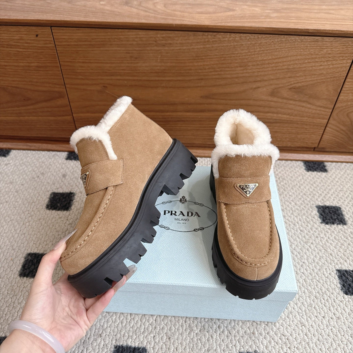 Prada Shearling Ankle Boots Camel Suede Fur 118341