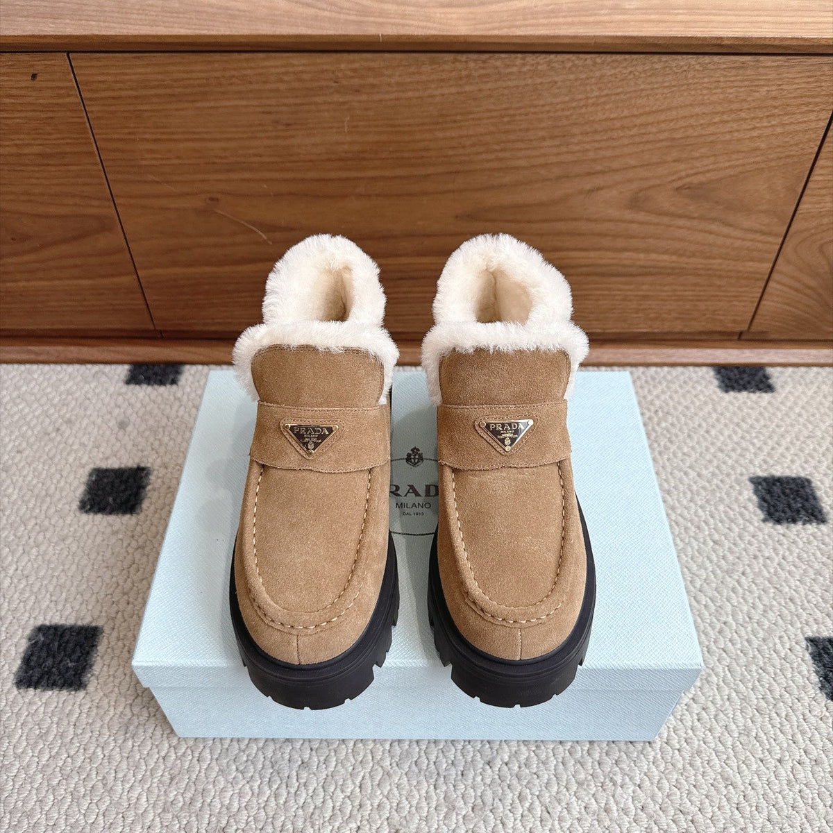 Prada Shearling Ankle Boots Camel Suede Fur 118341