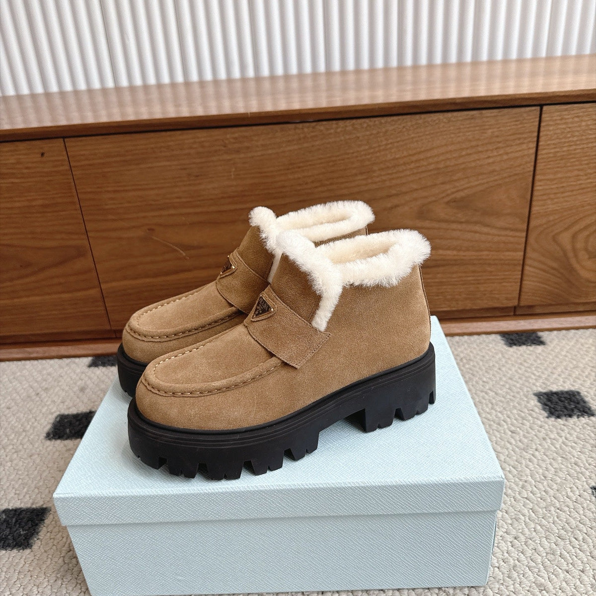 Prada Shearling Ankle Boots Camel Suede Fur 118341