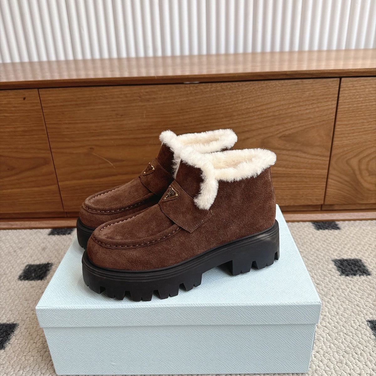 Prada Shearling Ankle Boots Dark Brown Suede Fur