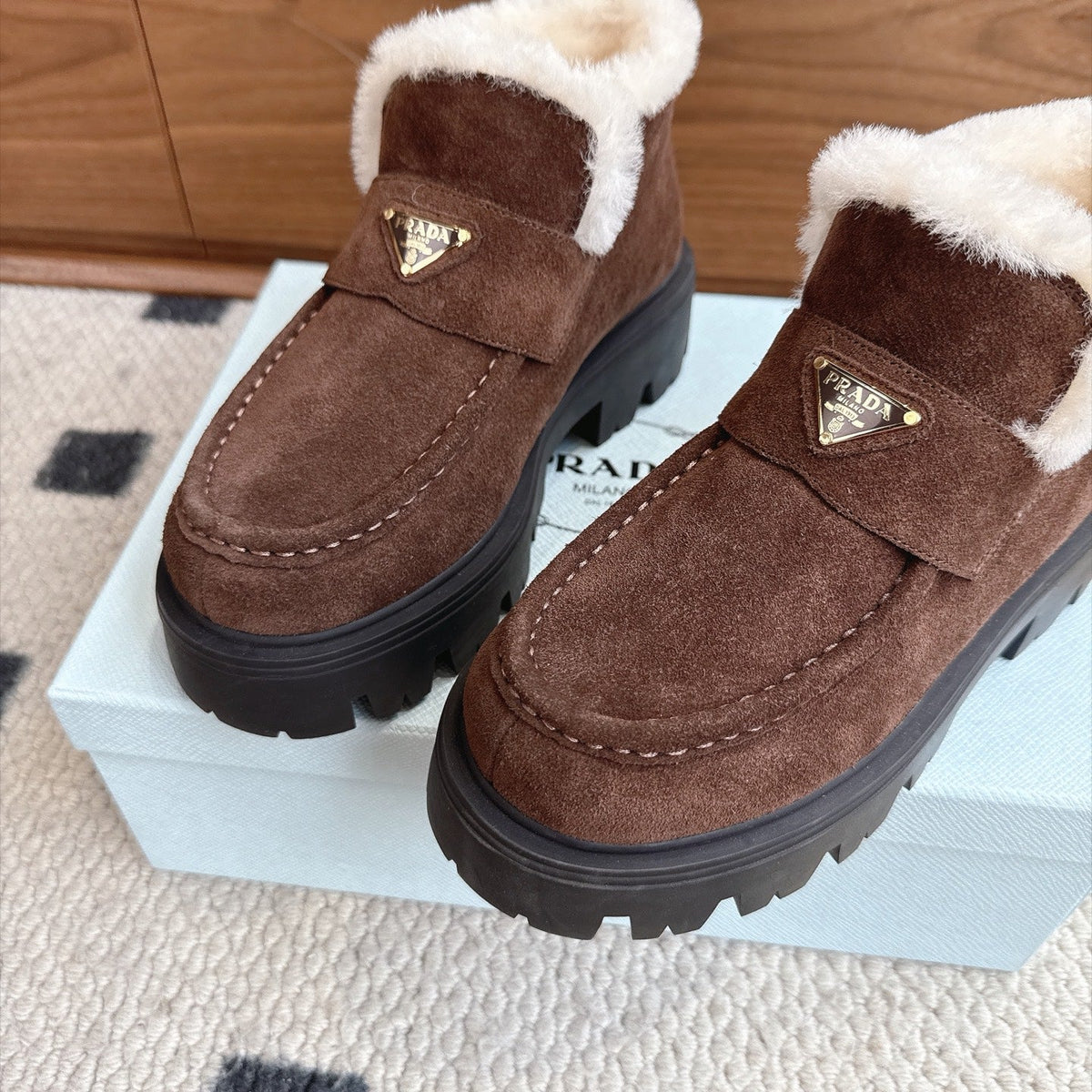 Prada Shearling Ankle Boots Dark Brown Suede Fur