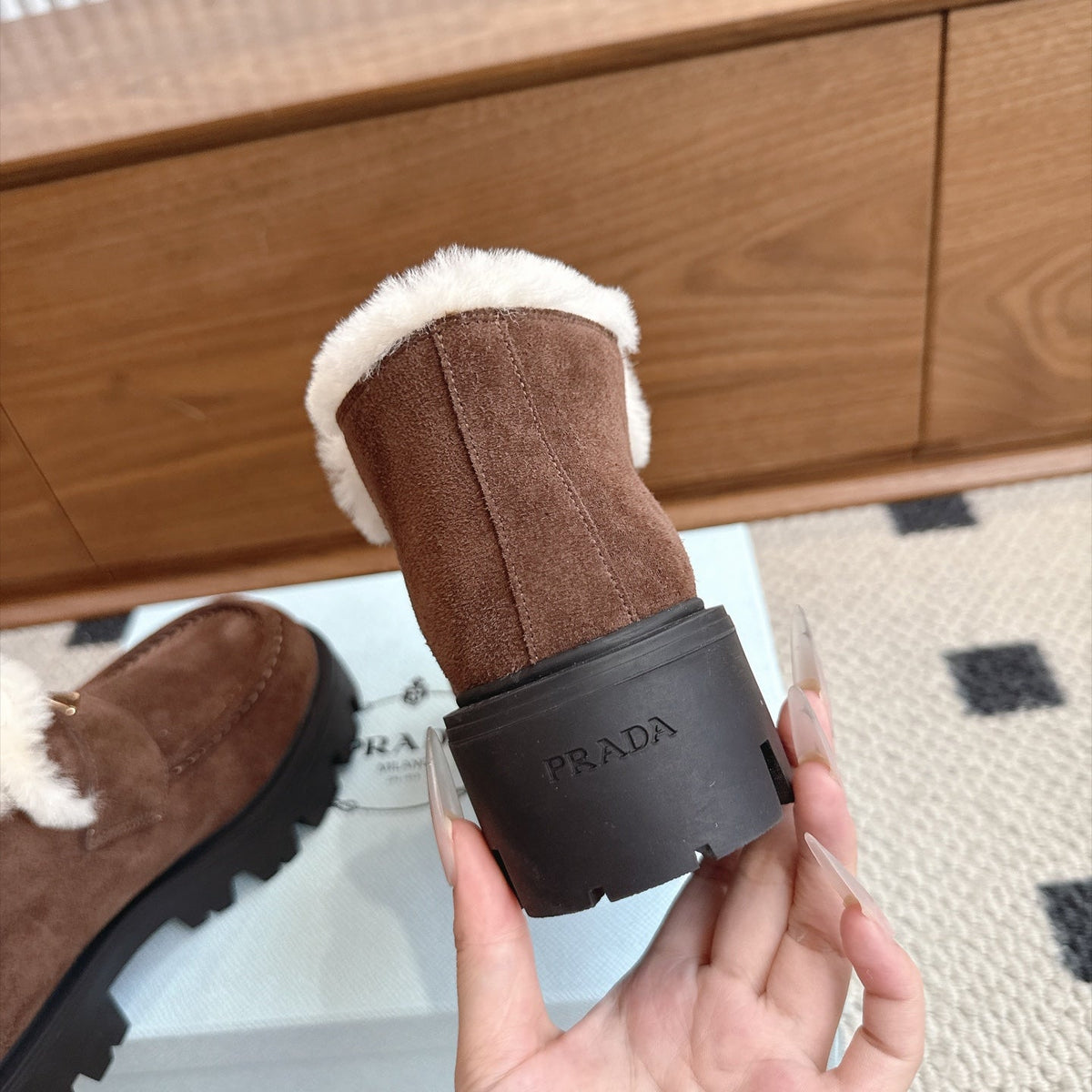 Prada Shearling Ankle Boots Dark Brown Suede Fur