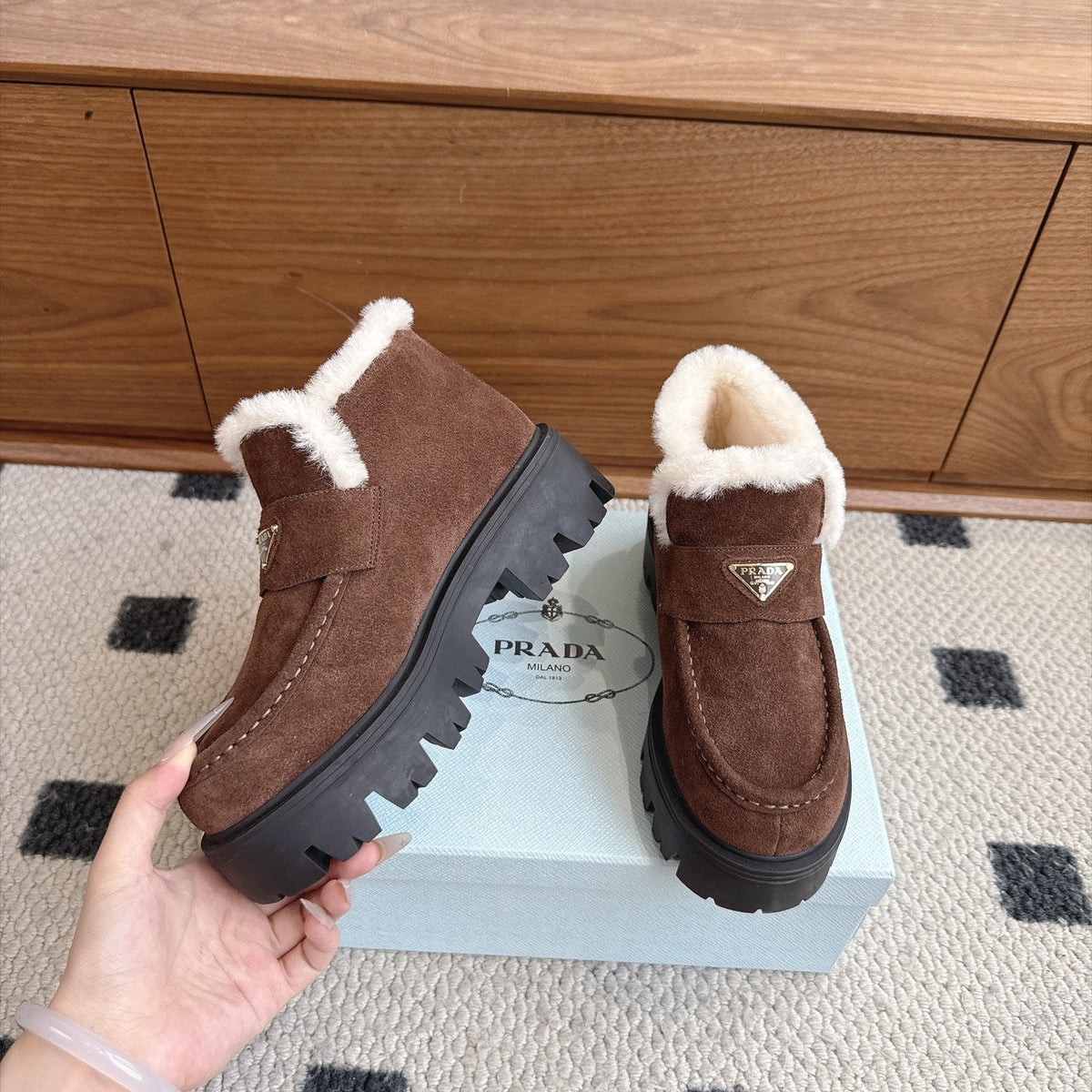 Prada Shearling Ankle Boots Dark Brown Suede Fur
