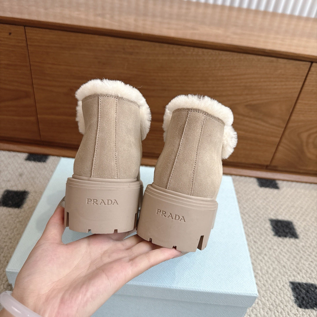 Prada Shearling Ankle Boots Beige Suede Fur 118343