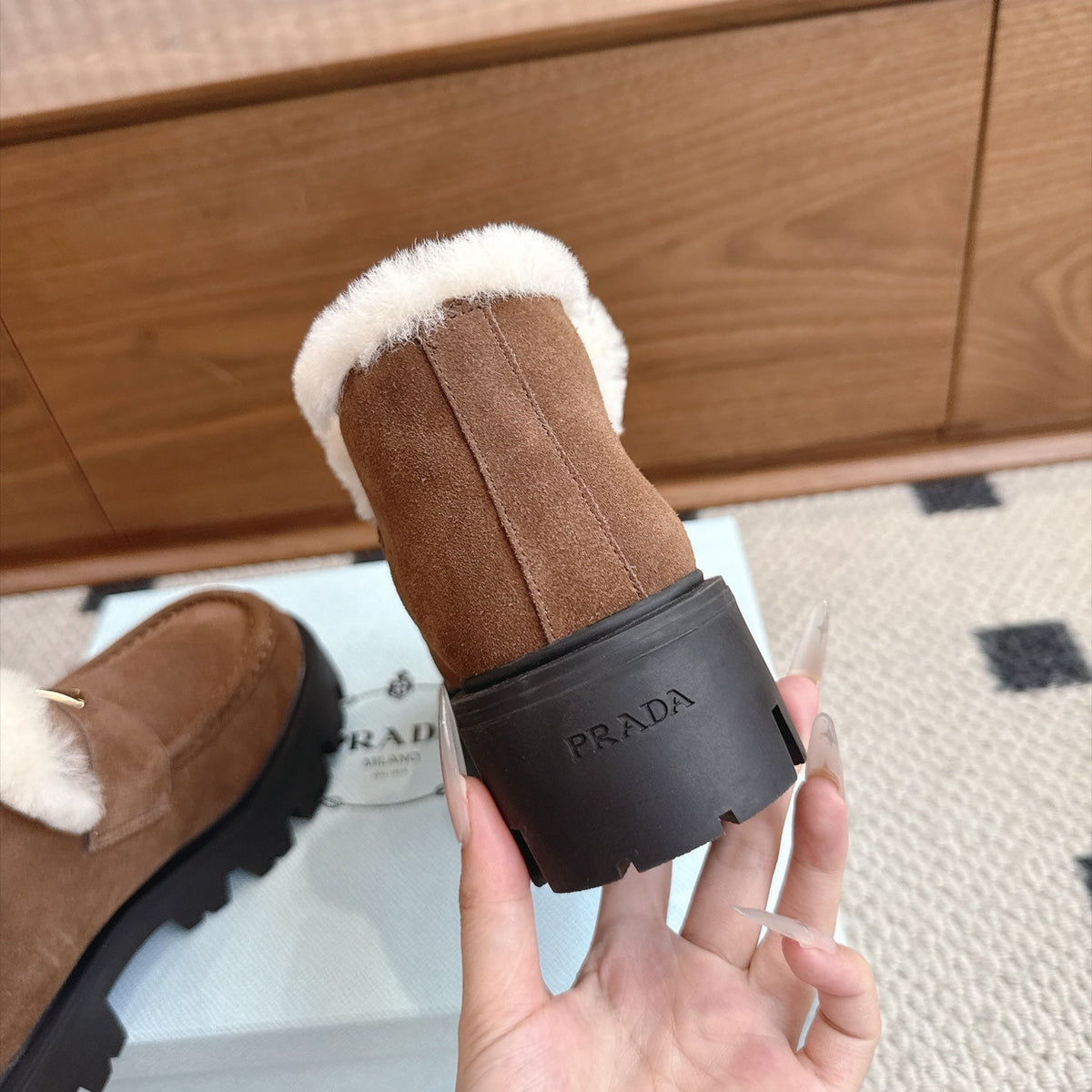 Prada Shearling Ankle Boots Brown Suede Fur 118344